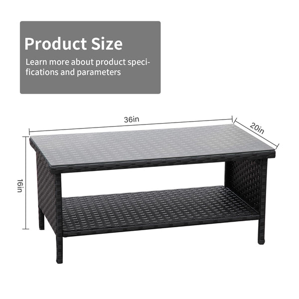 Outdoor Wicker Coffee Table with 2-Layer Glass Storage