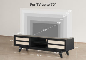 Boho TV Stand with Rattan Storage Cabinets – Fits Up to 70" TV