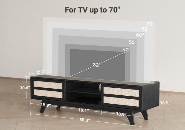 Boho TV Stand with Rattan Storage Cabinets – Fits Up to 70" TV