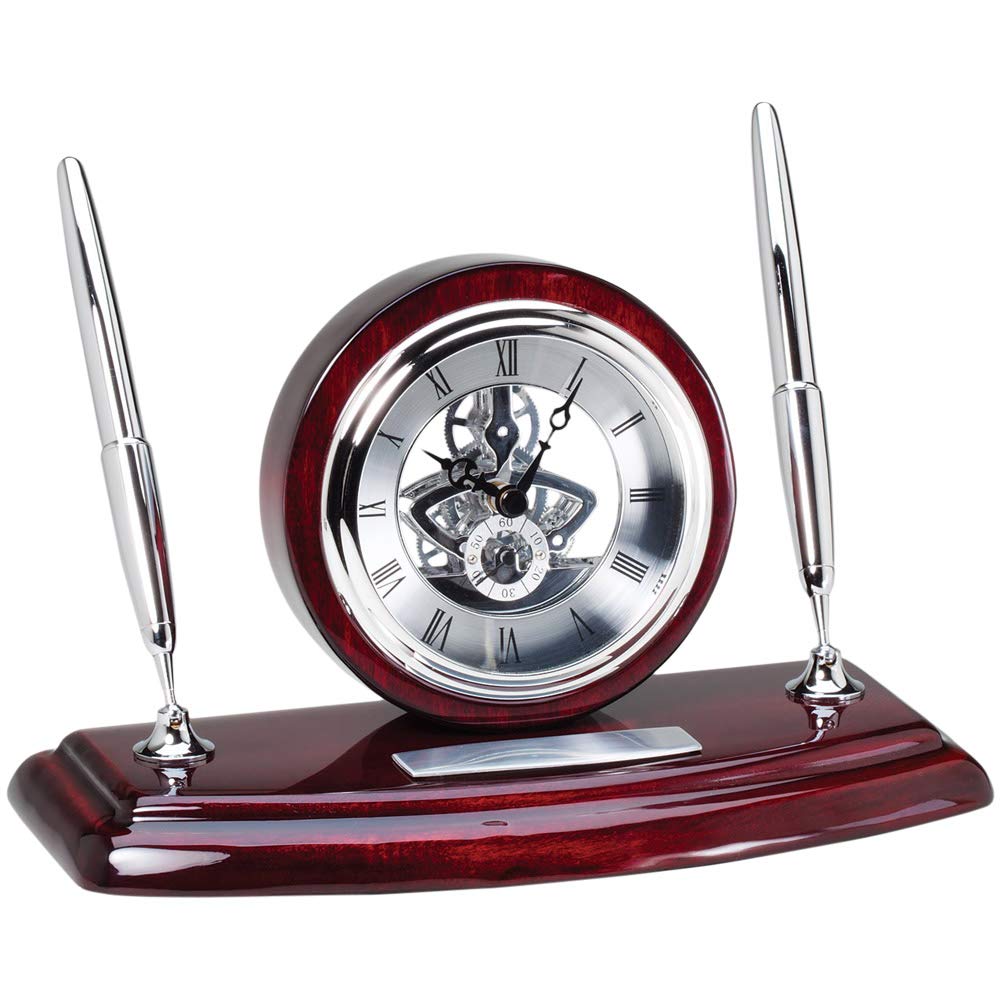 Rosewood Skeleton Desk Clock with Pen Set