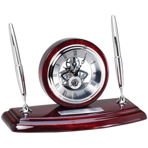 Rosewood Skeleton Desk Clock with Pen Set