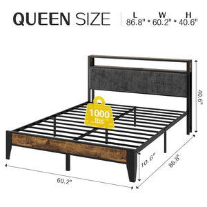 Queen Bed Frame with LED Headboard, Storage & Charging Station