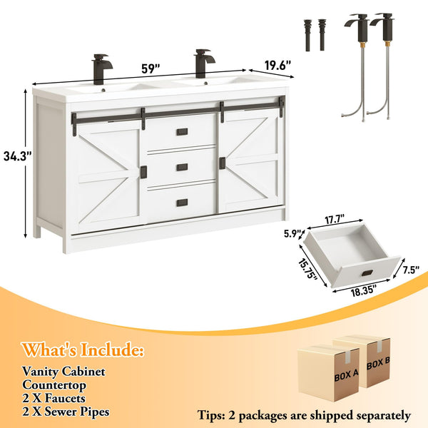 59" Double Bathroom Vanity with Sink, Faucet & Storage Drawers
