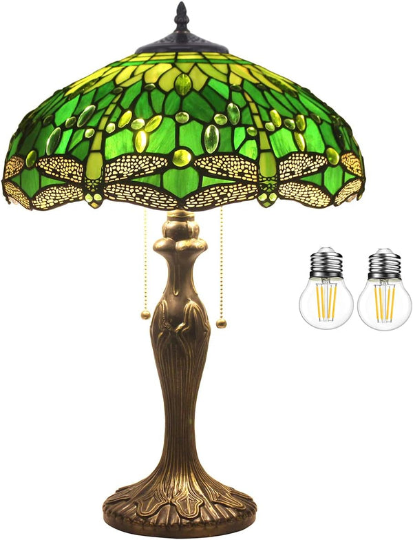 Tiffany Style Stained Glass Table Lamp – Green Dragonfly, 16x16x24 Inch