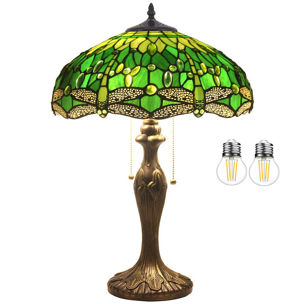 Tiffany Style Stained Glass Table Lamp – Green Dragonfly, 16x16x24 Inch