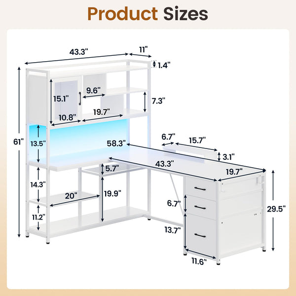 L-Shaped Computer Desk with Bookshelf, Drawers & LED Light