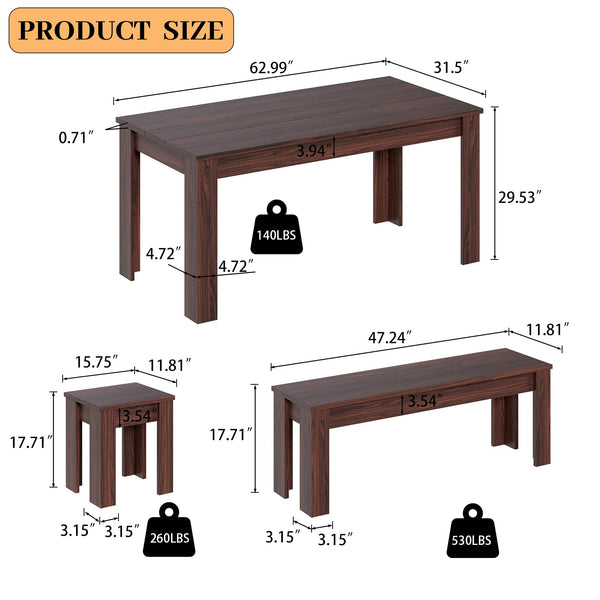 62.9" Dining Table Set with Bench & 2 Stools