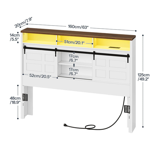 Queen Size Headboard with Storage, LED Lights & Charging Station
