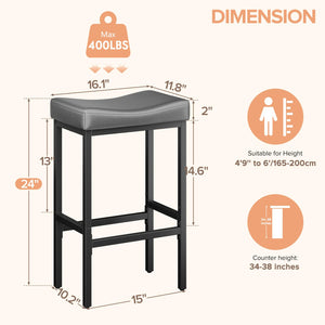 24" Counter Height Bar Stools – Faux Leather Saddle Seat, Metal Legs