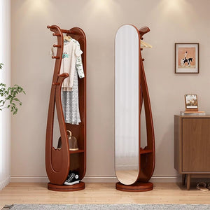Rotating Floor Coat Rack with Dressing Mirror & Solid Wood Storage