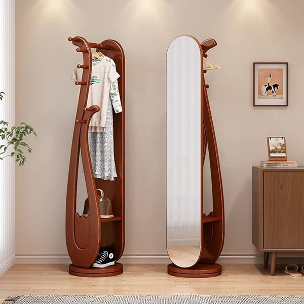 Rotating Floor Coat Rack with Dressing Mirror & Solid Wood Storage