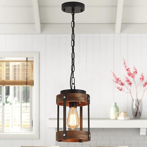 Rustic Farmhouse Wood & Metal Pendant Light Fixture