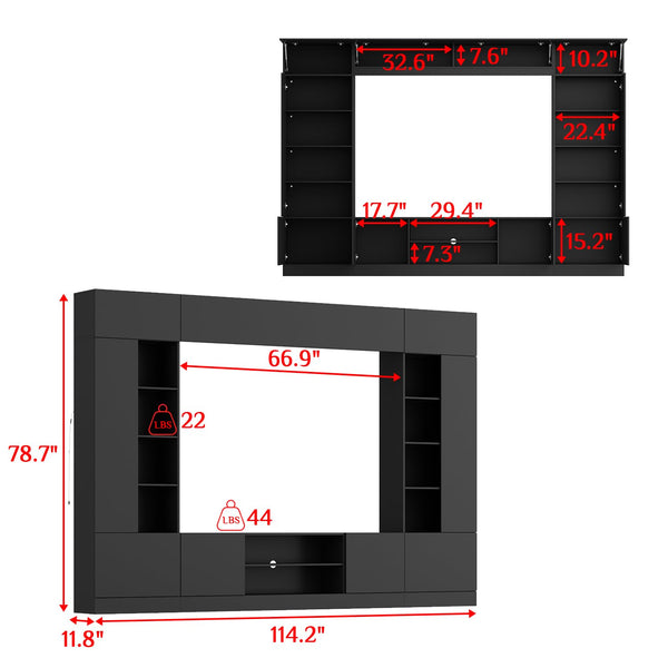 114" Wall Unit Entertainment Center with LED Lights & 18 Shelves