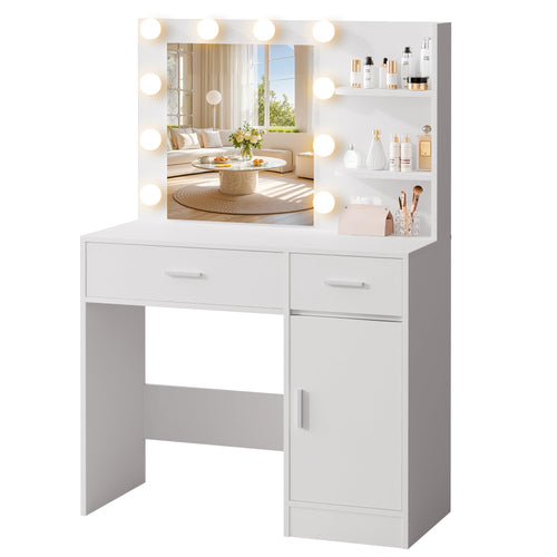 Makeup Vanity Desk with Hollywood Lights, Mirror & Storage
