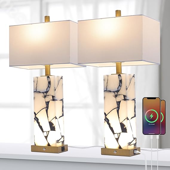 Marble Nightstand Lamps Set of 2 with USB Ports & 3-Color Temperature LED
