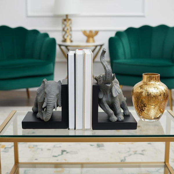 Elephant Bookends – Gray & Black Resin Duo