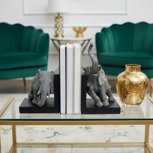 Elephant Bookends – Gray & Black Resin Duo