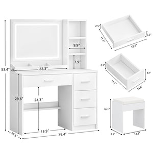Vanity Desk with Mirror, Lights & 4 Drawers – Makeup Table Set with Stool