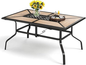 Outdoor Rectangular Dining Table with Metal Frame & Umbrella Hole
