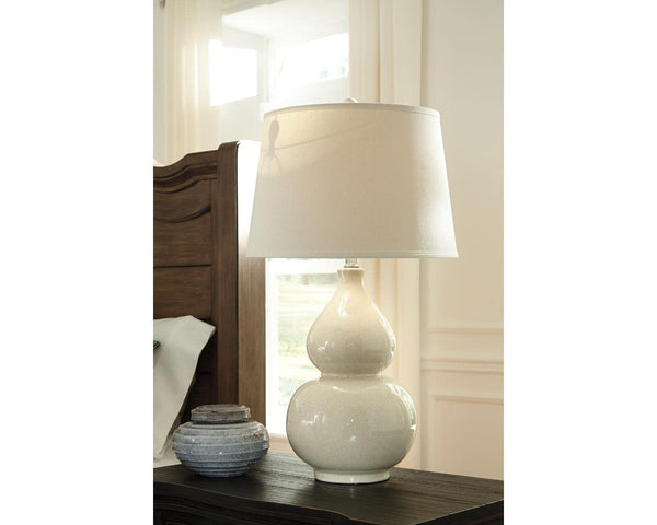 Cream Ceramic Double Gourd Table Lamp with Fabric Shade & 3-Way Switch