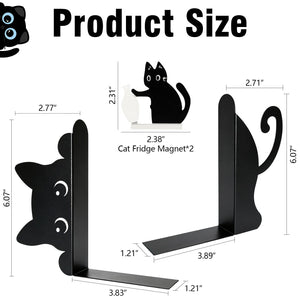 Black Cat Peeking Metal Bookends with Fridge Magnets, 4-Piece Set