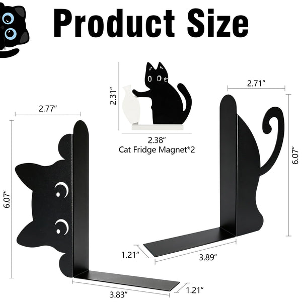 Black Cat Peeking Metal Bookends with Fridge Magnets, 4-Piece Set