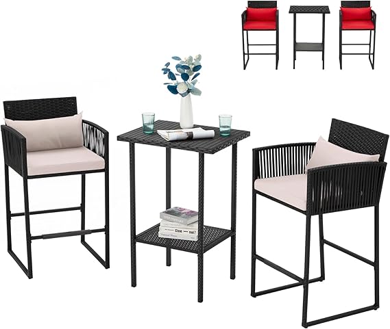3-Piece Outdoor Wicker Bar Set with Counter Table & Barstools