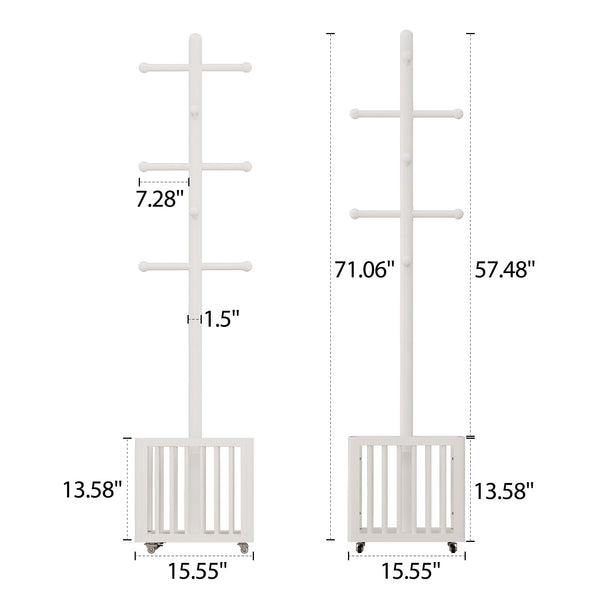 Freestanding Wood Coat Rack with 10 Hooks & Rolling Wheels
