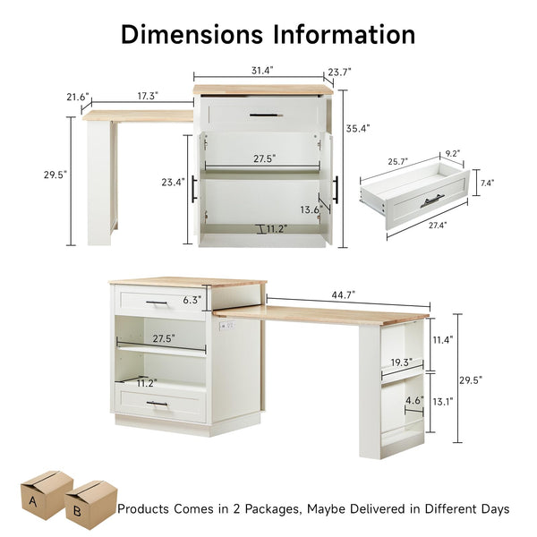 Extendable Kitchen Island with Dining Table & Storage