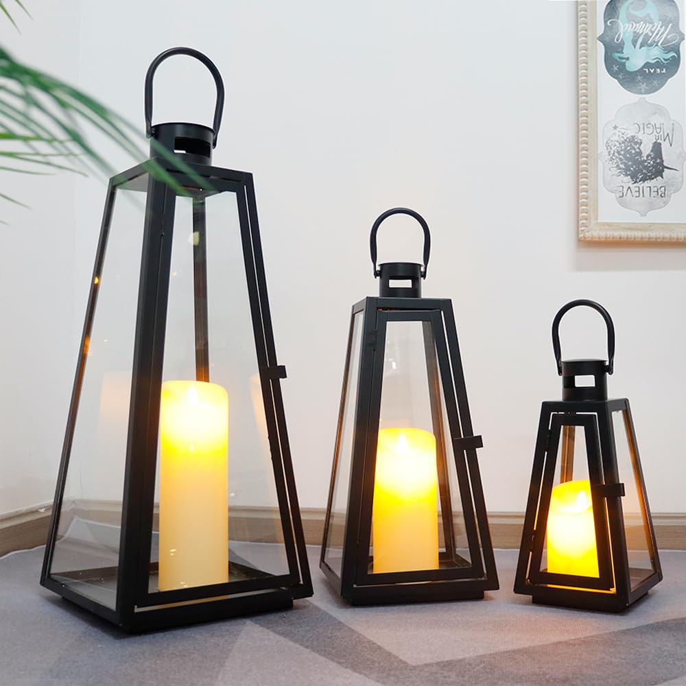 Set of 3 Decorative Metal Candle Lanterns with Tempered Glass — Indoor & Outdoor