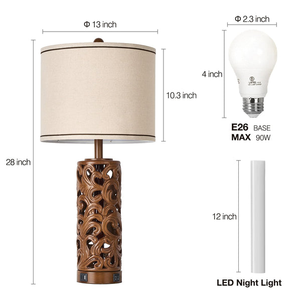 Farmhouse Table Lamps Set of 2 with USB Charging Ports