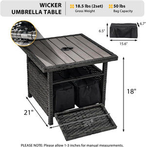 Wicker Patio Side Table with Umbrella Hole and Weight Bags