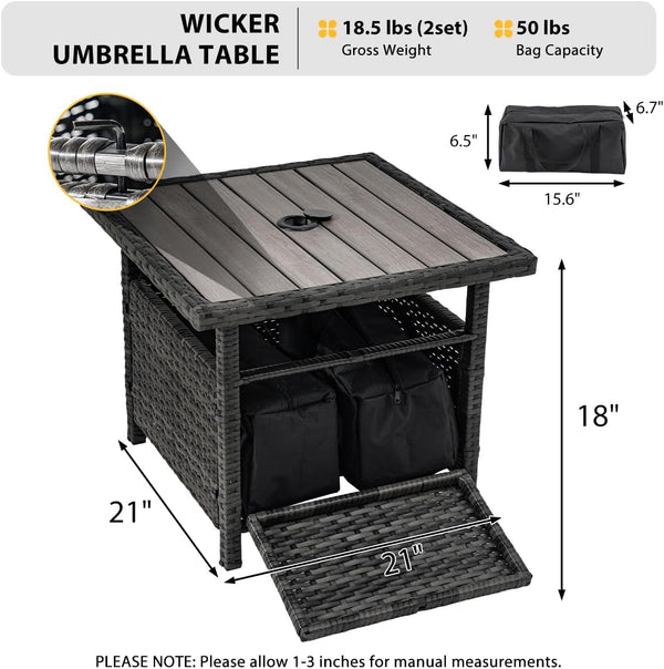 Wicker Patio Side Table with Umbrella Hole and Weight Bags