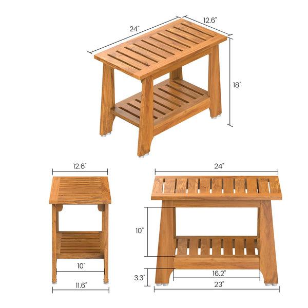 NNN 24" Commercial Teak Shower Bench - 8 Non-Slip Leveling Feet & 350 lbs Capacity | Rock-Solid Stability for Seniors & Spa Safety | Waterproof Design for Saunas/Outdoor Pools (Patented)