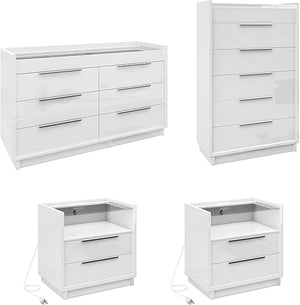 AMERLIFE 4 Piece Bedroom Furniture Set, 2 Nightstands with Charging Station, 8 Drawer Dresser with LED Light & 5 Drawer Chest, Modern High Gloss UV Finish, Bedroom Storage Organizer, Cream & Grey
