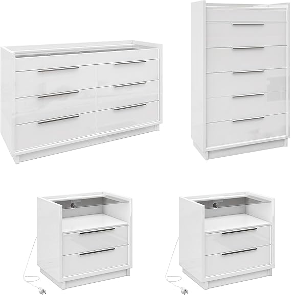 AMERLIFE 4 Piece Bedroom Furniture Set, 2 Nightstands with Charging Station, 8 Drawer Dresser with LED Light & 5 Drawer Chest, Modern High Gloss UV Finish, Bedroom Storage Organizer, Cream & Grey