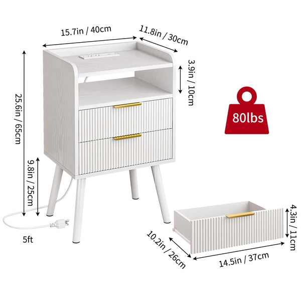 Fluted Nightstand with Charging Station & LED