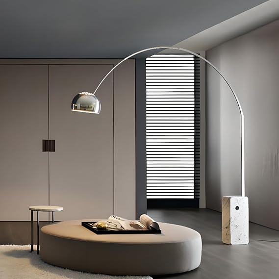 Modern Arc Floor Lamp with Marble Base & Stainless Steel – Adjustable Height Standing Light