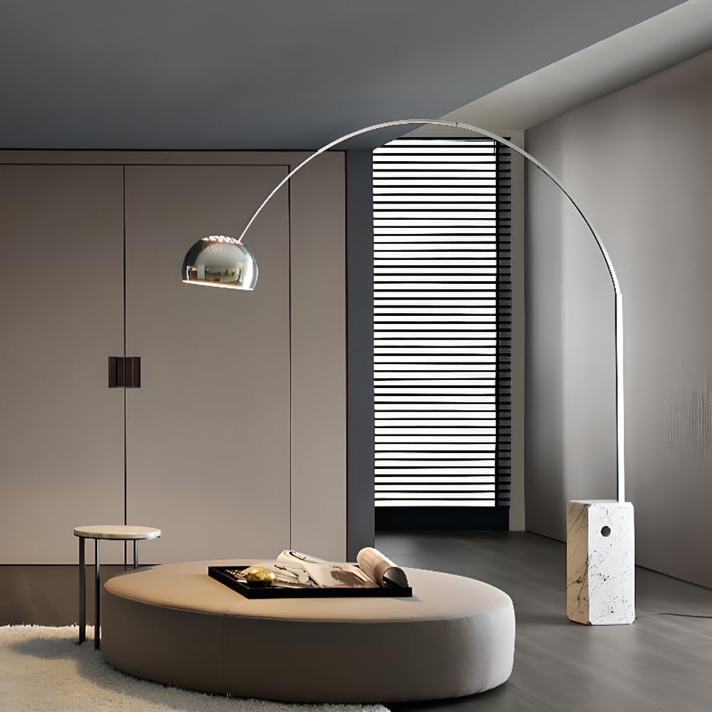 Modern Arc Floor Lamp with Marble Base & Stainless Steel – Adjustable Height Standing Light