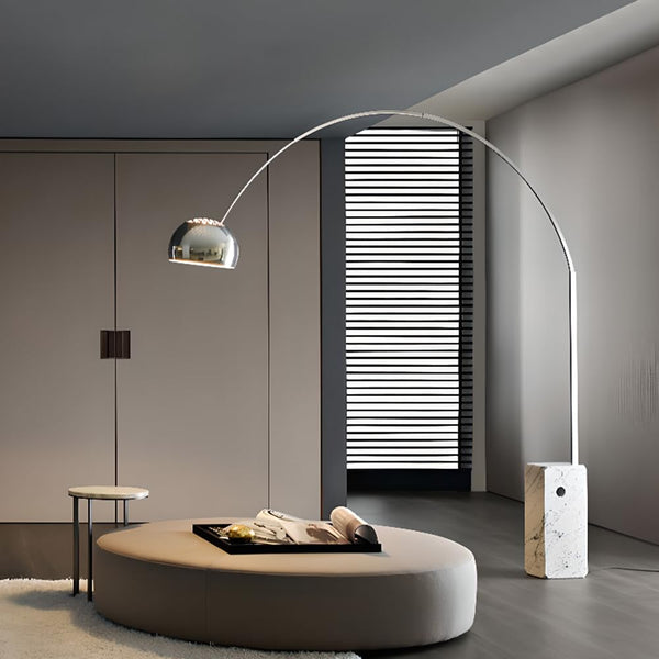 Modern Arc Floor Lamp with Marble Base & Stainless Steel – Adjustable Height Standing Light