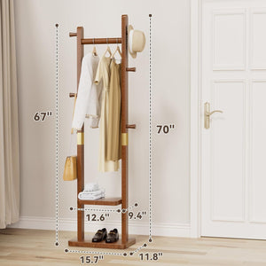 Solid Wood Coat Rack with Shelves & Hooks