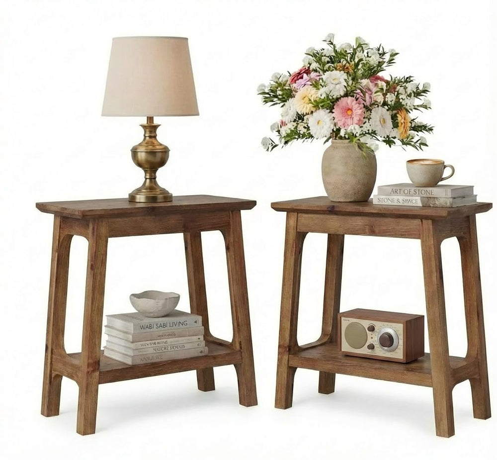 Solid Wood Narrow End Tables Set of 2 with Storage