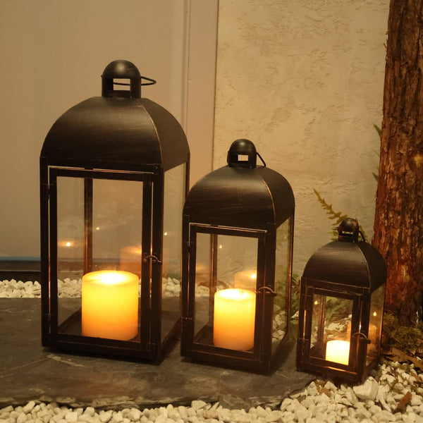 Decorative Candle Lanterns Set of 3 – Large Metal & Glass Outdoor Indoor Lanterns