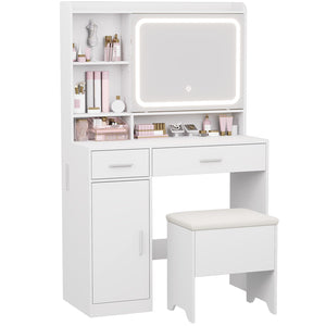 Vanity Desk with LED Mirror, Power Outlets & Storage