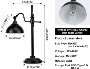 Industrial Desk Lamp 2 Pack with USB Charging Ports