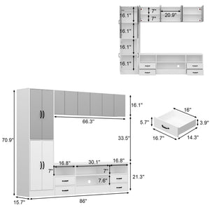 86" Wall Unit Entertainment Center with Bookshelves – White & Grey