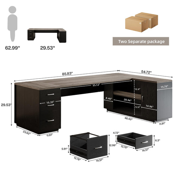 L-Shaped Executive Office Desk with File Drawers & Storage Cabinet