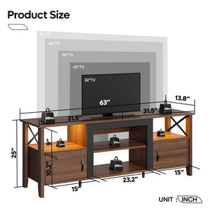 63-Inch Farmhouse TV Stand with LED Lights and Storage Cabinets