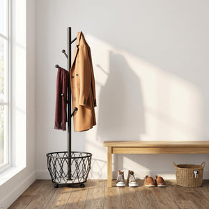 Freestanding Metal Coat Rack with Basket
