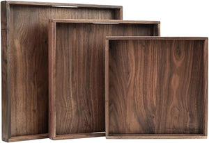 Walnut Wood Ottoman Serving Tray Set of 3 with Handles